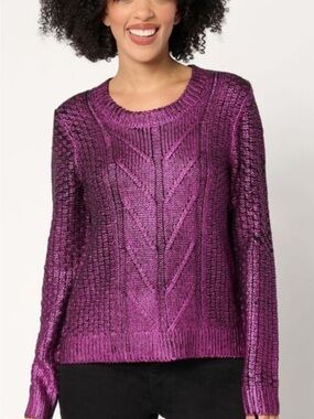 Women with Control Metallic Fushia Cable Knit Sweater.